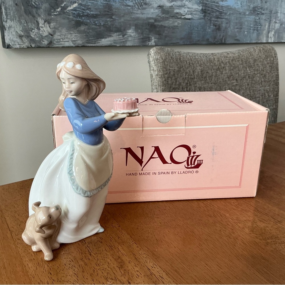NAO Ladro Puppy’s Birthday Figurine Porcelain Girl with Puppy and cake 1987